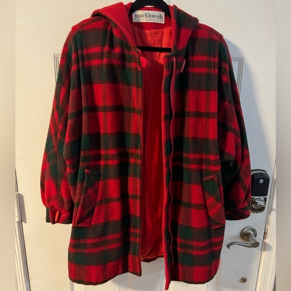 Mackintosh of New England 80’s Red Green Plaid Wool Hooded Coat Made USA Toggle - Picture 11 of 14